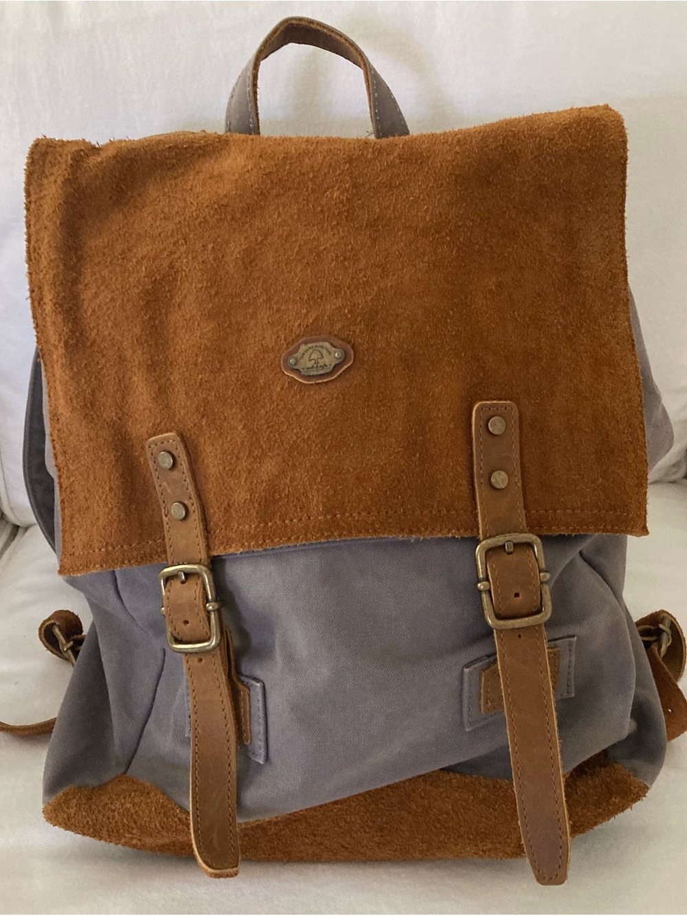 Suede Flap Canvas Backpack in Brown and Gray - Men's or Women’s Travel Daypack